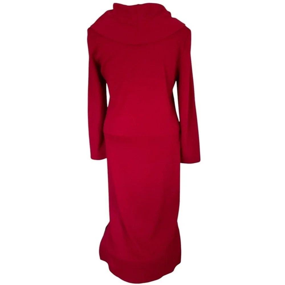 Nina Leonard Womens Red Cowl Neck Long Sleeve Knit Sweater Midi Dress Size L